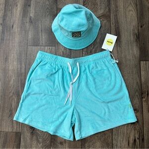 Duvin Design Terry Cotton Blend Shorts & Bucket Hat Set Men’s Size XL Teal Green